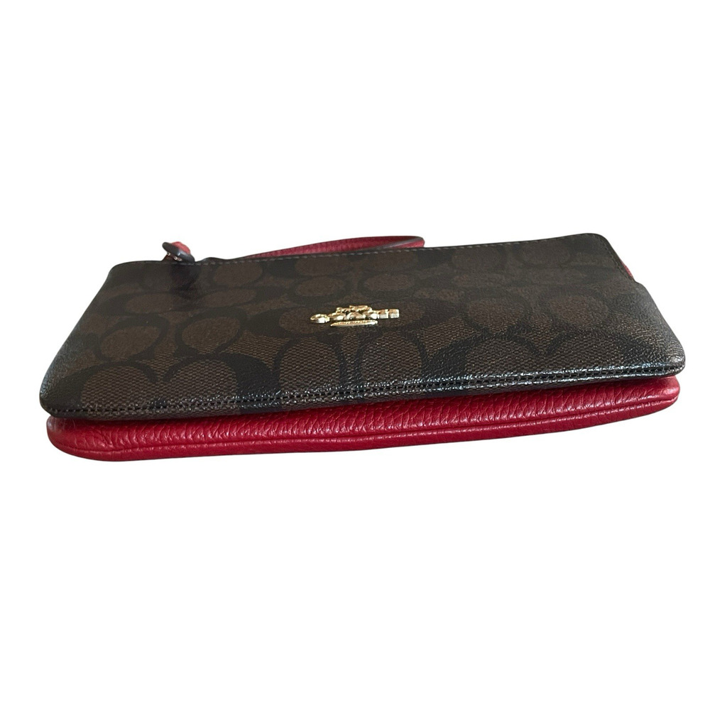COACH C5576 Brown Signature Canvas 1941 Red Leather Double Zip Wristlet Wallet - Picture 7 of 9